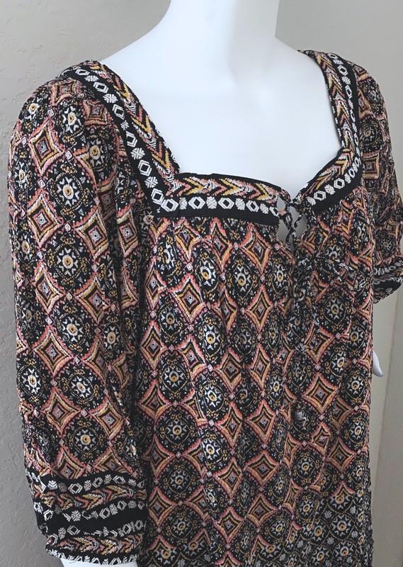 Angie Boho Tie Front Square Neck Shift Dress W/ Pockets Black Plus 1X 2X 3X New