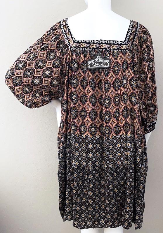 Angie Boho Tie Front Square Neck Shift Dress W/ Pockets Black Plus 1X 2X 3X New