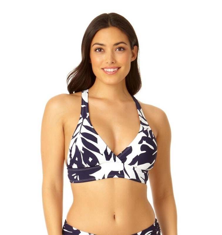 Anne Cole Crossback Bikini Swim Top Floral Navy Blue White L