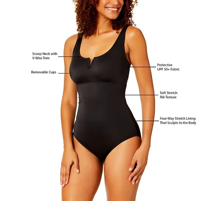Anne Cole Limited Edition Square Neck One Piece Swimsuit Ribbed Black Size S