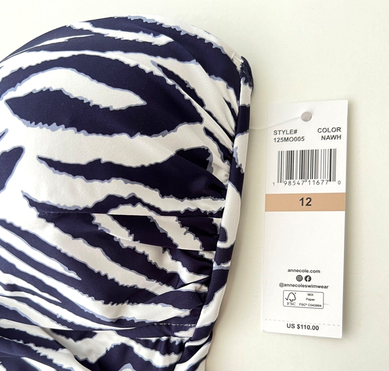 Anne Cole Size 12 Twist Front Shirred One Piece Swimsuit Zebra Shadow NWT