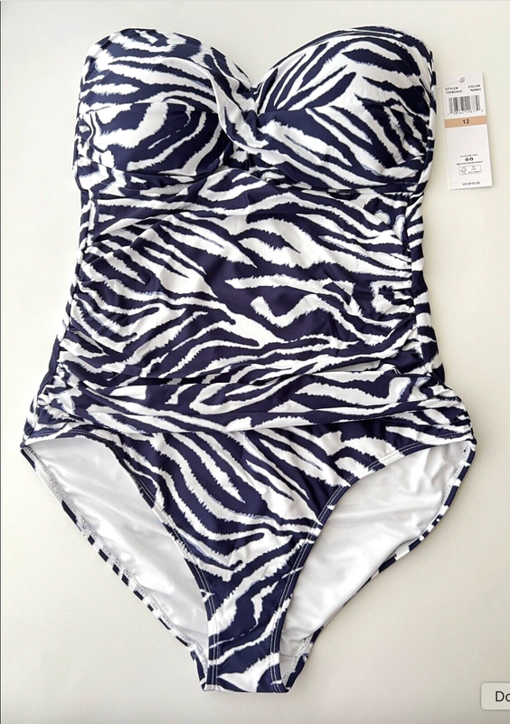 Anne Cole Size 12 Twist Front Shirred One Piece Swimsuit Zebra Shadow NWT