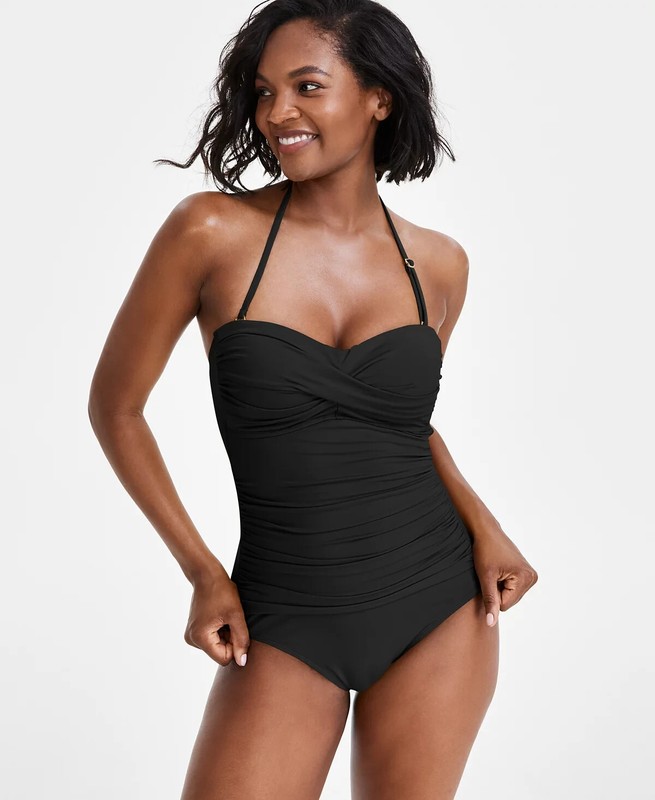 Anne Cole Twist-Front Crossover Bandeau Ruched One-Piece Swimsuit
