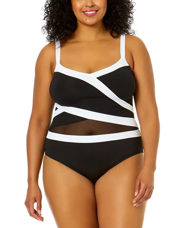 Anne Cole Womens Sz 20 One Piece Swimsuit Contrast Trim Mesh Insert Black White