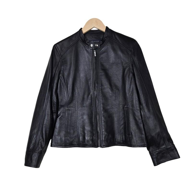 Anne Klein 100% Leather Jacket sz PL Black Zip Up Biker
