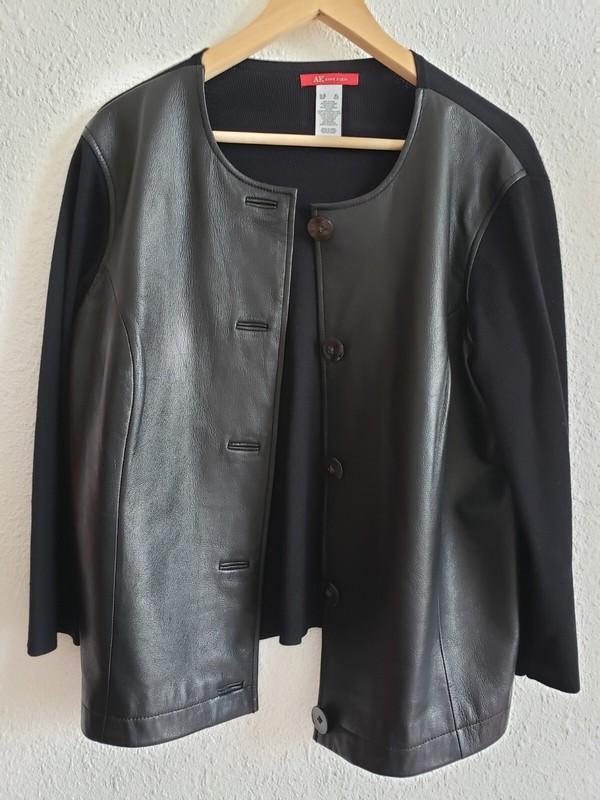 Anne Klein Jacket Black Leather Panel Knit 4/5 Sleeves Button-up Size XL