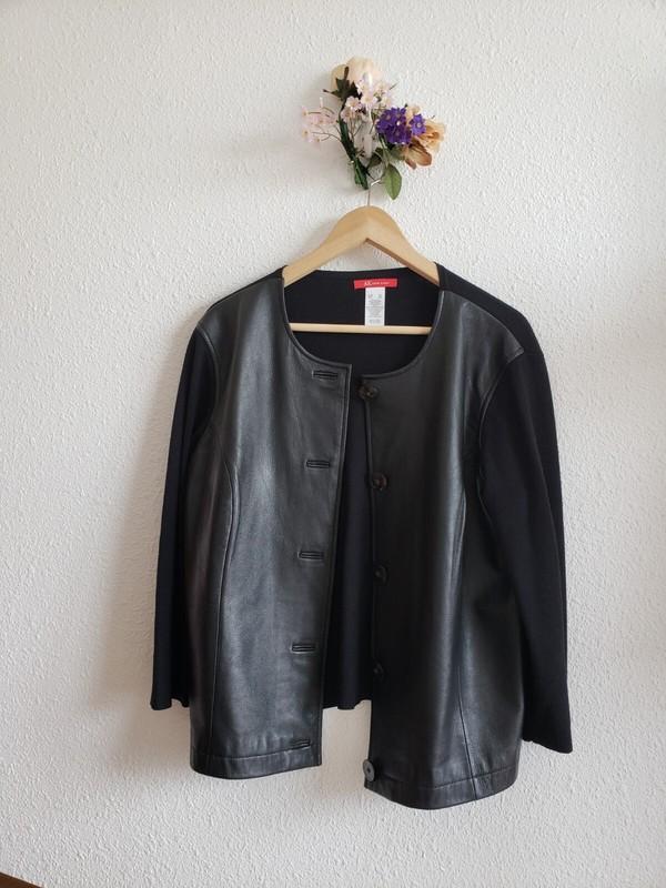 Anne Klein Jacket Black Leather Panel Knit 4/5 Sleeves Button-up Size XL