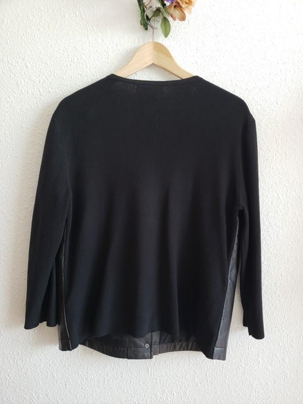 Anne Klein Jacket Black Leather Panel Knit 4/5 Sleeves Button-up Size XL