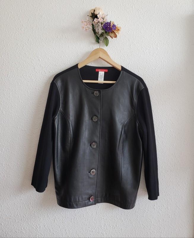 Anne Klein Jacket Black Leather Panel Knit 4/5 Sleeves Button-up Size XL