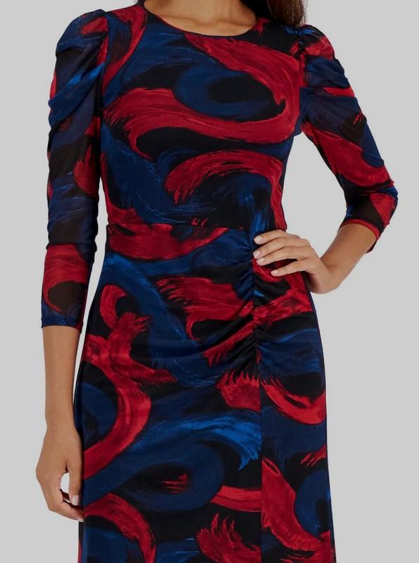 Anne Klein Women's Red Mesh Printed Round Neck Puff Sleeves Dress Size L