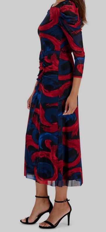 Anne Klein Women's Red Mesh Printed Round Neck Puff Sleeves Dress Size L