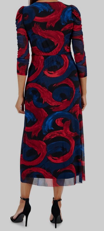 Anne Klein Women's Red Mesh Printed Round Neck Puff Sleeves Dress Size L