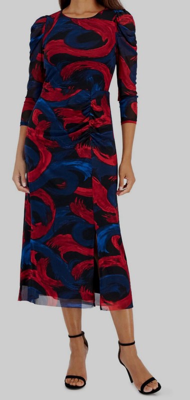 Anne Klein Women's Red Mesh Printed Round Neck Puff Sleeves Dress Size L