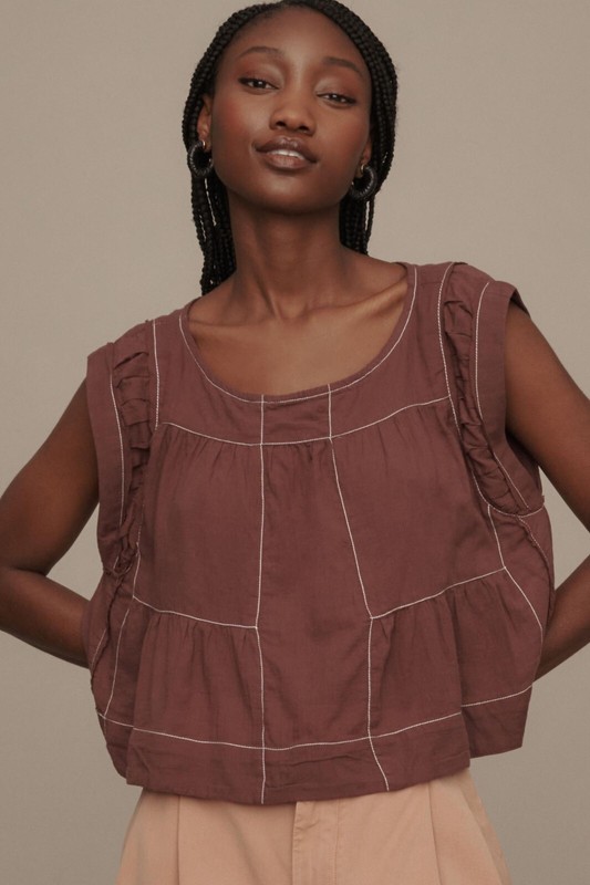 Anthropologie Cap-Sleeve Babydoll Blouse Top S 6 Women's Casual Boho NEW 44475