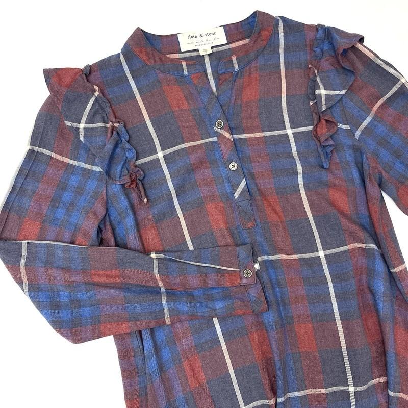 Anthropologie Cloth & Stone Long Sleeve Plaid Shoulder Ruffle Dress Sz XS