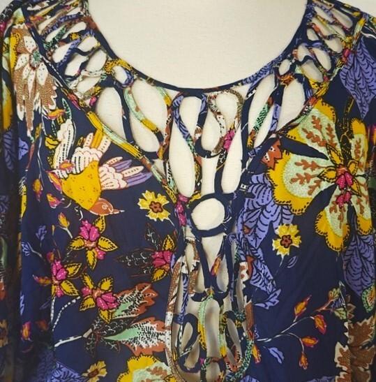 Anthropologie L/XL Swim Cover Up Caftan Tunic Dress Navy Blue Floral