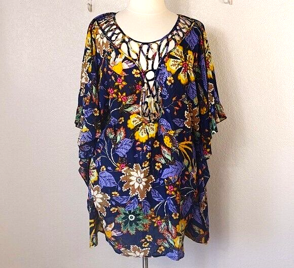 Anthropologie L/XL Swim Cover Up Caftan Tunic Dress Navy Blue Floral