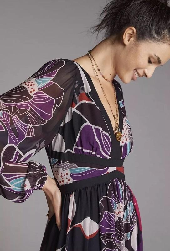 Anthropologie Let Me Be Floral Dress Boho Festival Artsy Colorful New V-Neck M