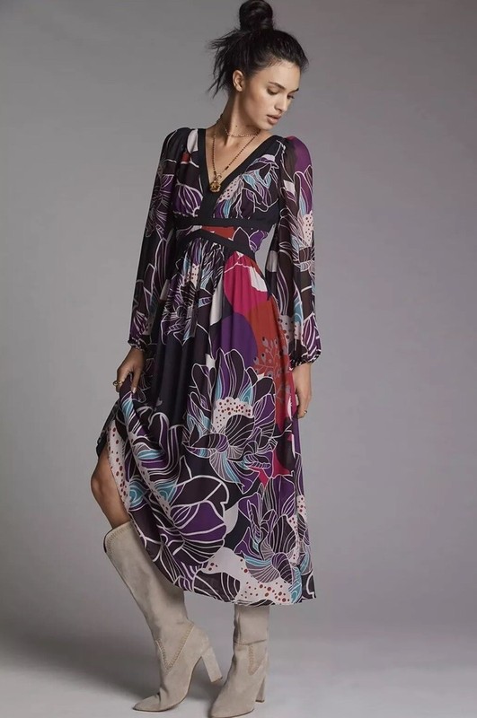 Anthropologie Let Me Be Floral Dress Boho Festival Artsy Colorful New V-Neck M