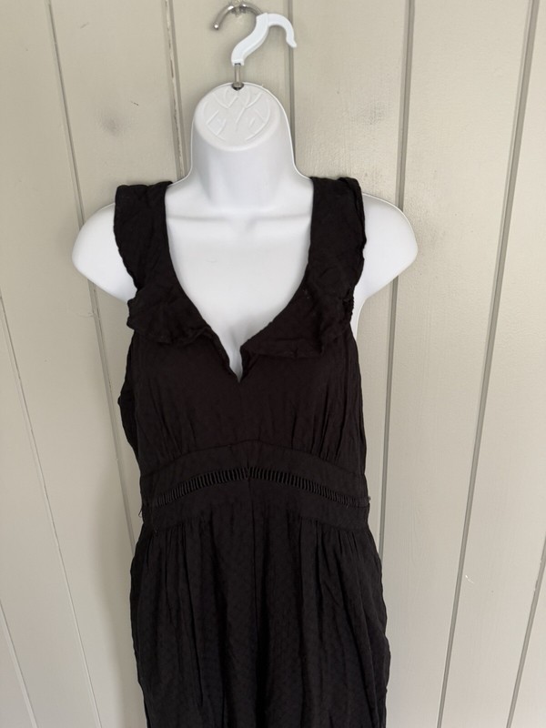 Anthropologie Maeve Wide Leg Black Ruffle Neckline Jumpsuit 8 Pockets V-Neck
