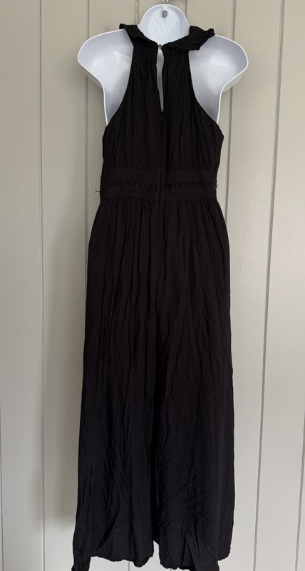 Anthropologie Maeve Wide Leg Black Ruffle Neckline Jumpsuit 8 Pockets V-Neck