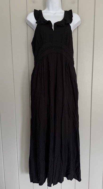 Anthropologie Maeve Wide Leg Black Ruffle Neckline Jumpsuit 8 Pockets V-Neck