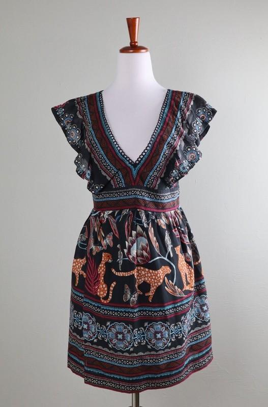 ANTHROPOLOGIE NWT $160 Plunge Neck Ruffle Cheetah Leopard Dress Size XS Petite