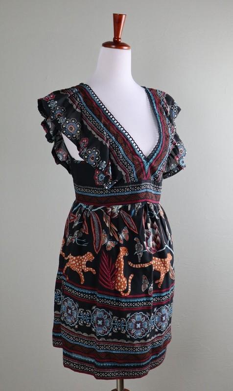 ANTHROPOLOGIE NWT $160 Plunge Neck Ruffle Cheetah Leopard Dress Size XS Petite