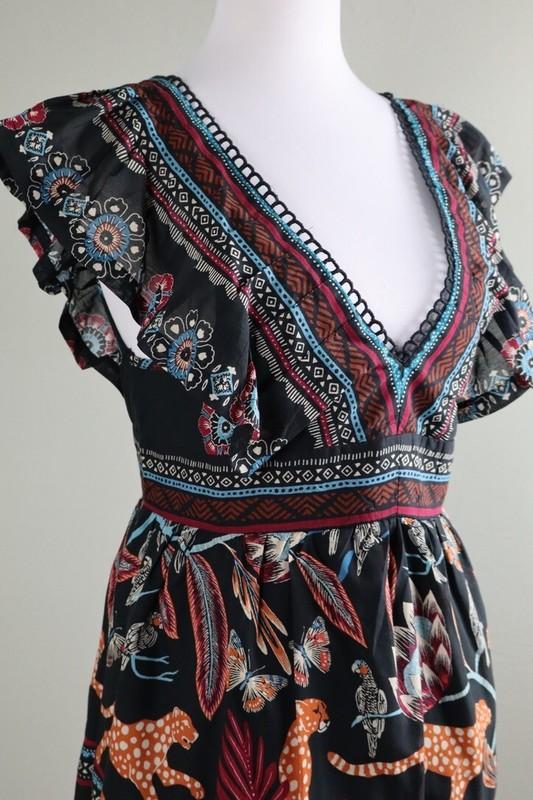 ANTHROPOLOGIE NWT $160 Plunge Neck Ruffle Cheetah Leopard Dress Size XS Petite