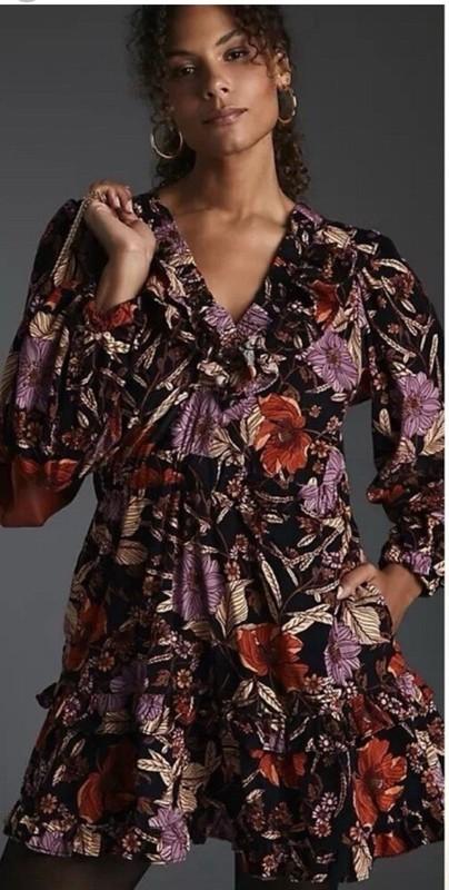 Anthropologie Pilcro Tiered Corduroy Dress Ruffle Floral Cord Mini Size XXS
