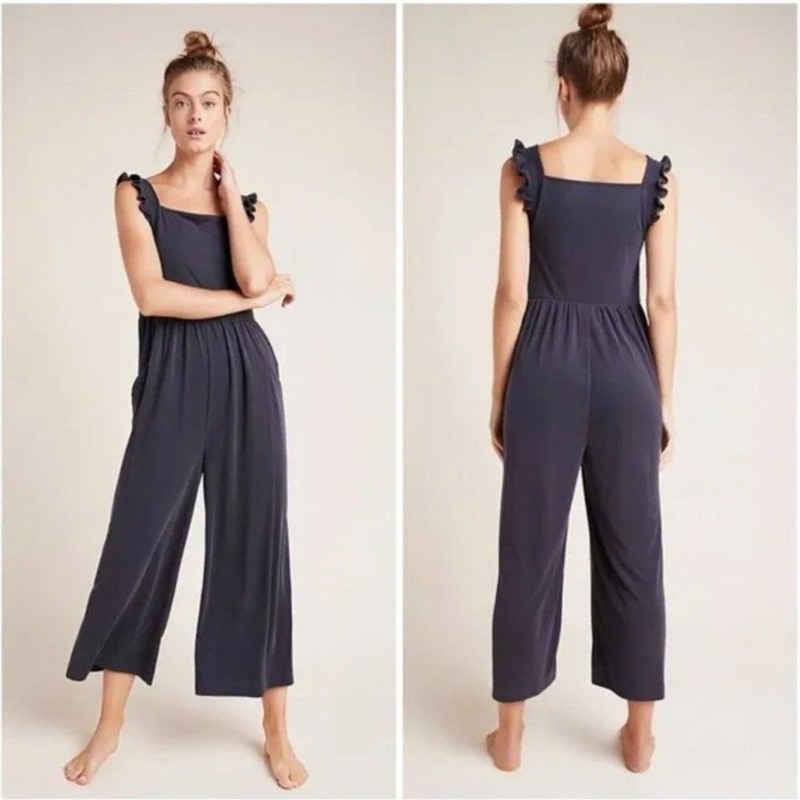 Anthropologie Saturday Sunday M Billie Micro Ribbed Cupro Ruffle Jumpsuit Gray
