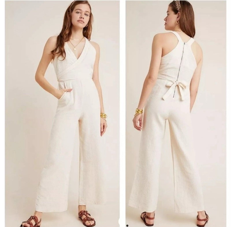 Anthropologie Size 8 Cream Wide Leg Demi Textured Gauze Jumpsuit