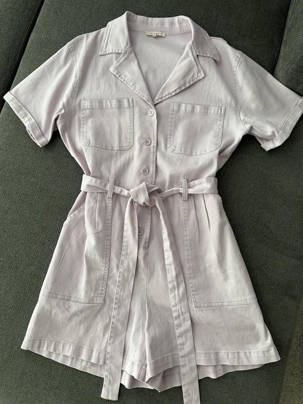 Anthropologie Skies Are Blue Romper Womens Large Purple Utility Washed Twill