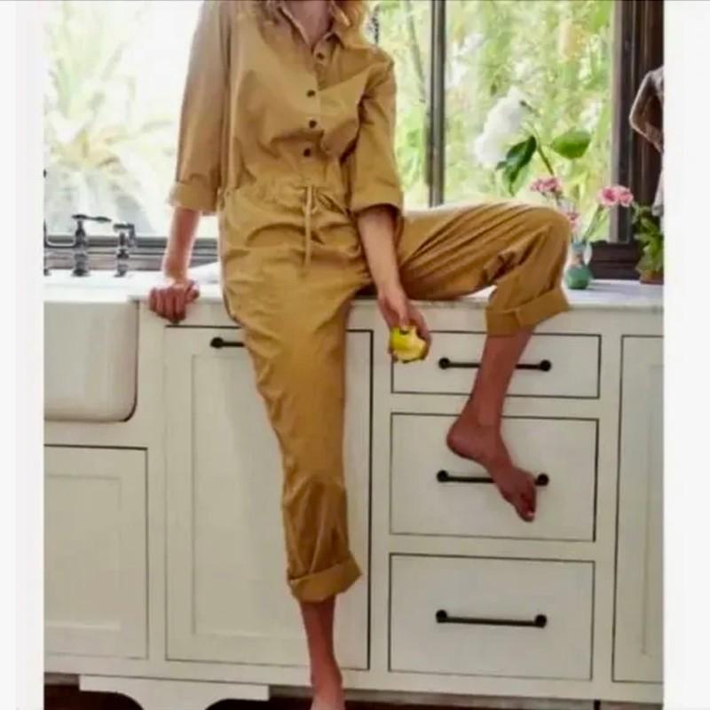 Anthropologie Sundry Utility Jumpsuit Button Front Green Brown Women’s Medium