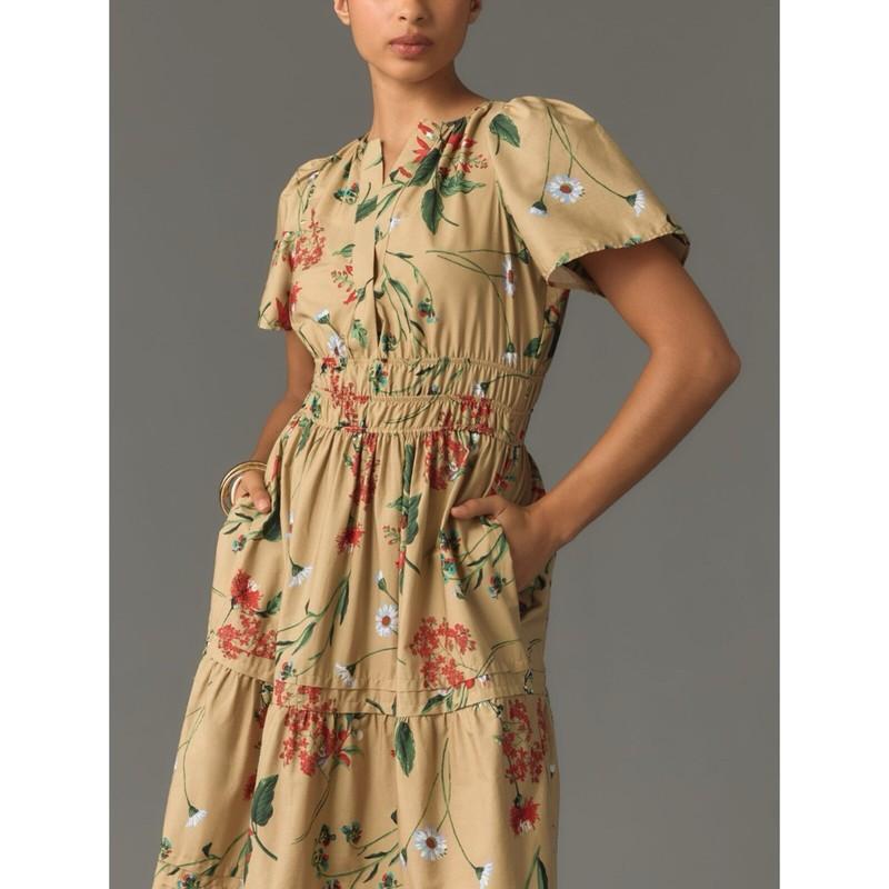 Anthropologie The Somerset Maxi Dress Womens Small S Khaki Tan Floral NWT Pocket