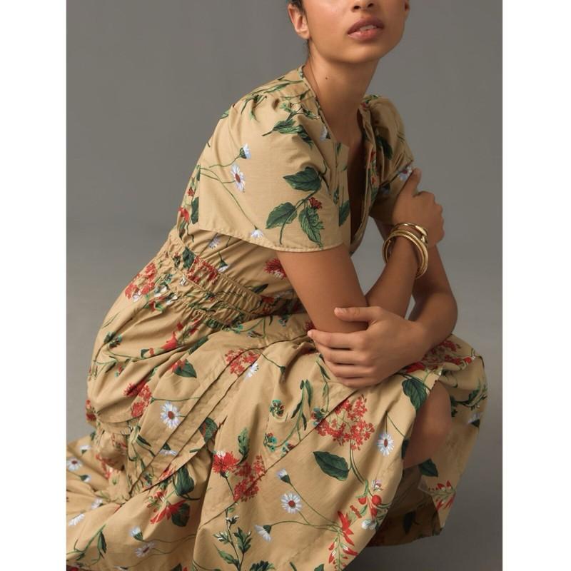 Anthropologie The Somerset Maxi Dress Womens Small S Khaki Tan Floral NWT Pocket