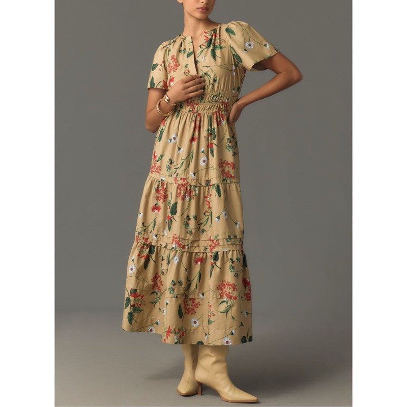 Anthropologie The Somerset Maxi Dress Womens Small S Khaki Tan Floral NWT Pocket