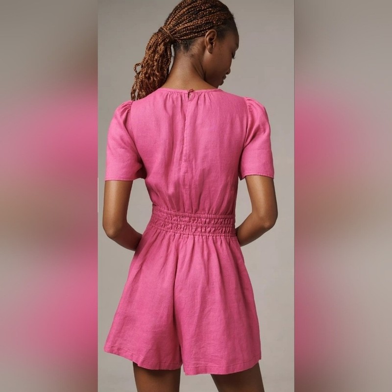 Anthropologie The Somerset Romper Linen Edition In Bright Pink
