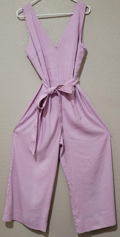 Antonio Melani Jumpsuit Womens 12 Purple Linen Blend Wide Leg Tie Belt Cropped