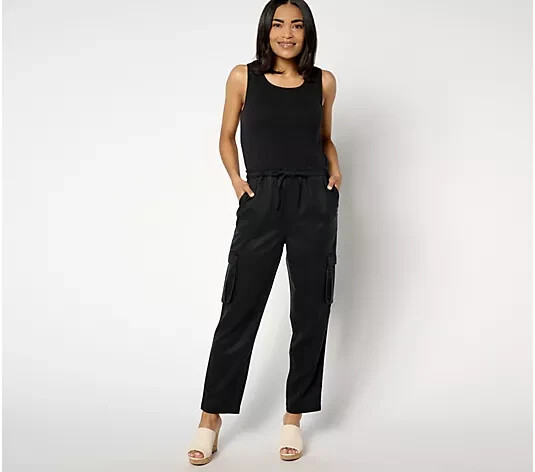 AnyBody Regular Mixed Media Cargo Jumpsuit-Black-3X-NEW-A636692