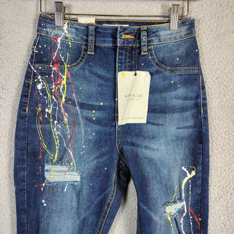 AP Blue Aphrodite Jeans Women 7 Blue Painted Denim Stretch Distressed Skinny NWT