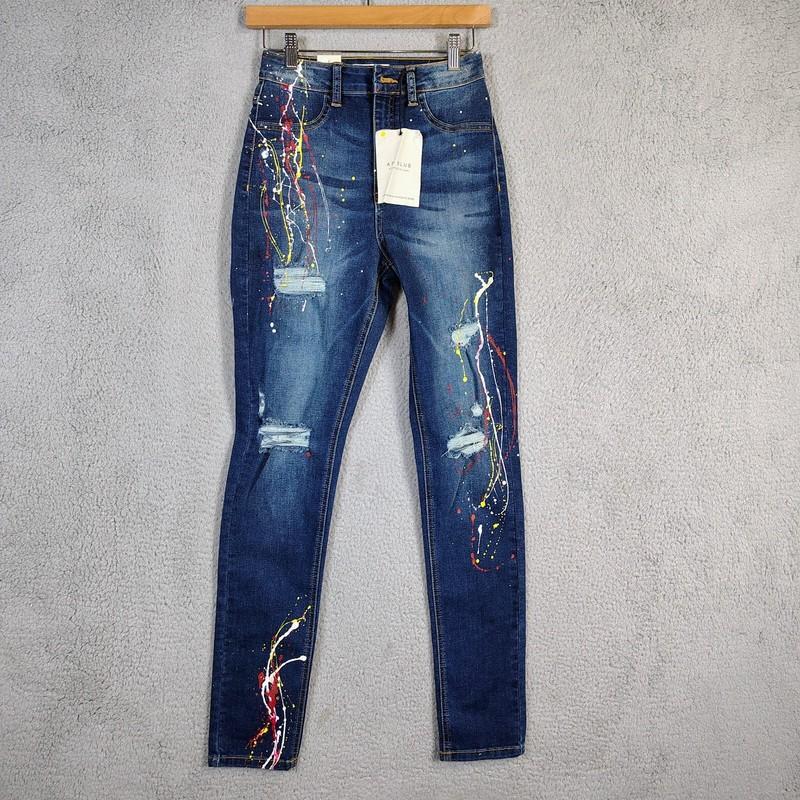AP Blue Aphrodite Jeans Women 7 Blue Painted Denim Stretch Distressed Skinny NWT