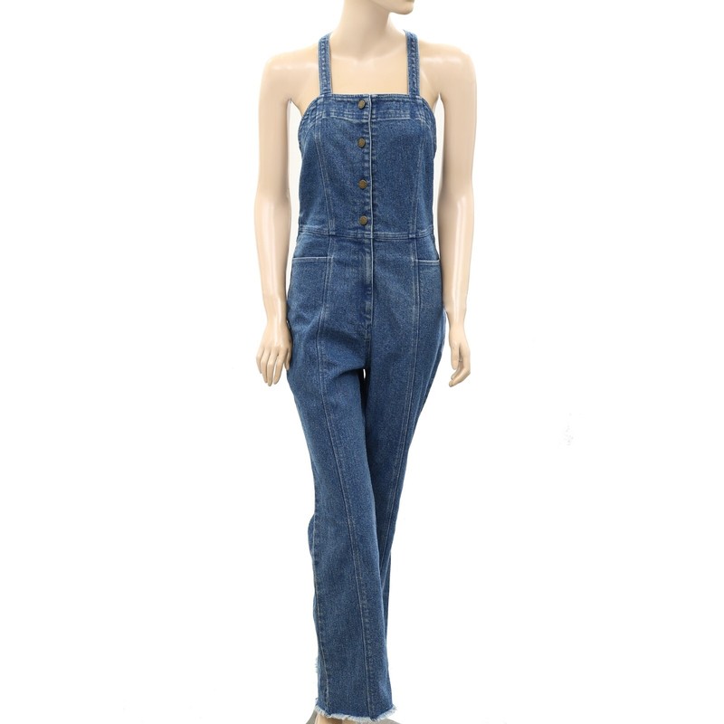 Apiece Apart Malene Overall Denim Blue Jumpsuit Sleeveless Fringe XS NEW 261910