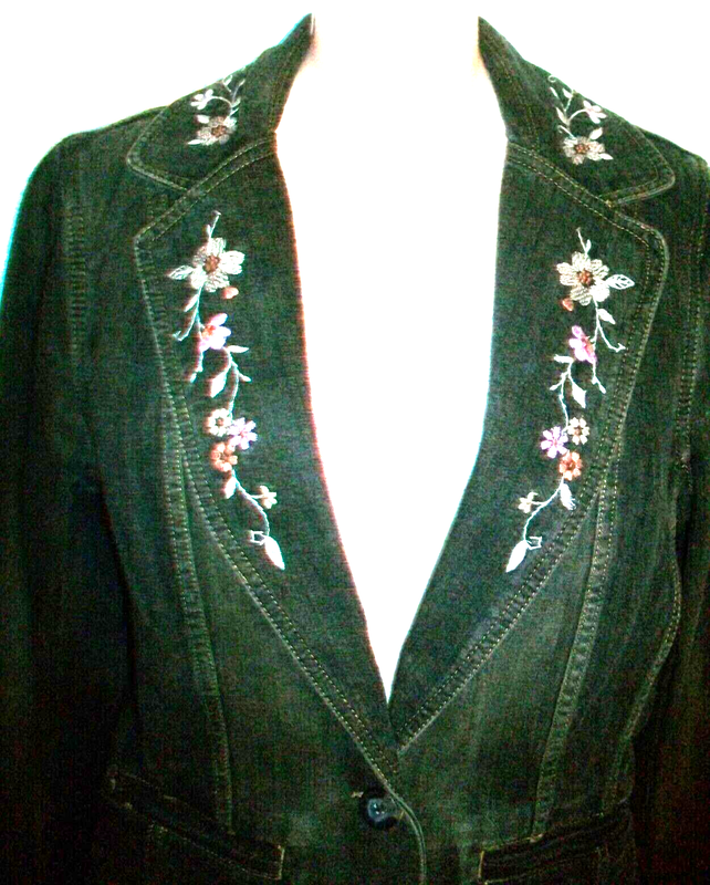 Apostrophe Embroidered Floral Gray Black Fitted Denim Blazer Jean Jacket Size 8