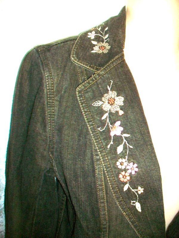 Apostrophe Embroidered Floral Gray Black Fitted Denim Blazer Jean Jacket Size 8