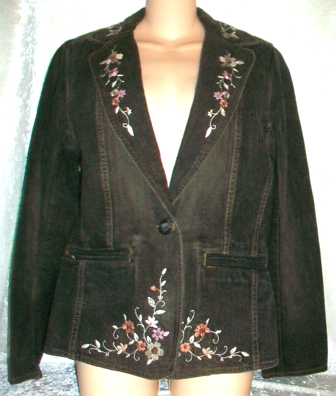 Apostrophe Embroidered Floral Gray Black Fitted Denim Blazer Jean Jacket Size 8