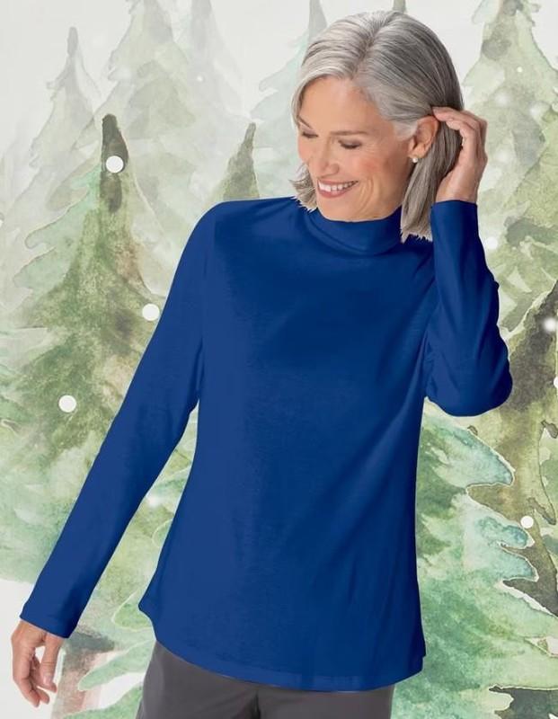 APPLESEEDS Blue Sz Medium Petite Soft Stretchy 100% Cotton Mock Neck Shirt NEW