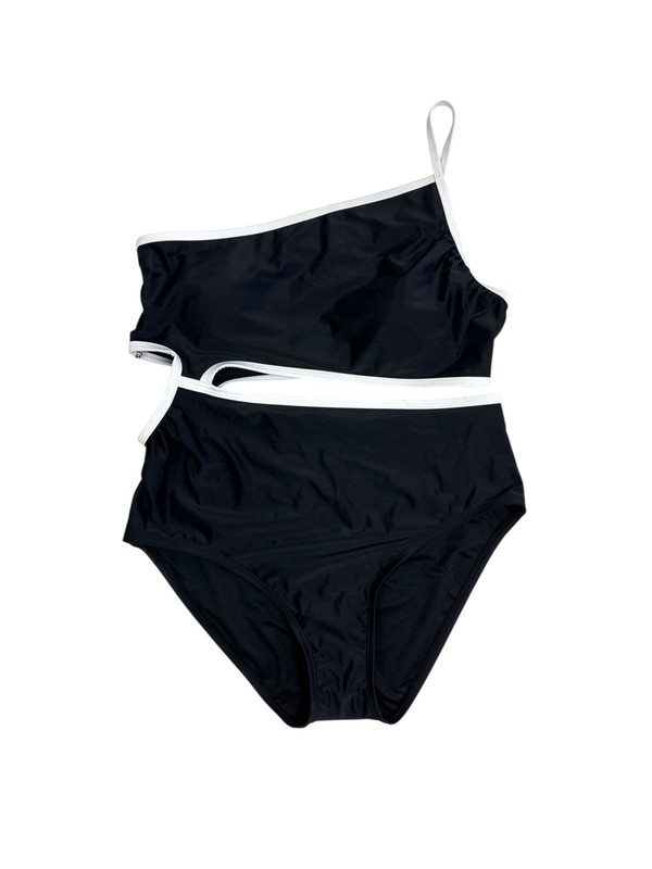 Aqua Couture One Shoulder Cut Out Waist One-Piece Swimsuit B&W NWT