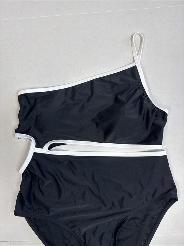 Aqua Couture One Shoulder Cut Out Waist One-Piece Swimsuit B&W NWT