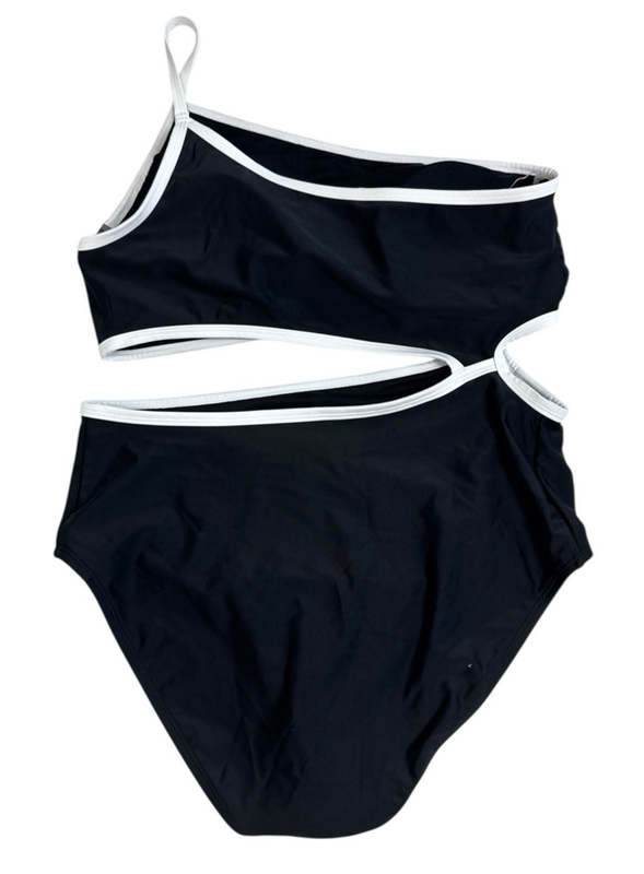 Aqua Couture One Shoulder Cut Out Waist One-Piece Swimsuit B&W NWT